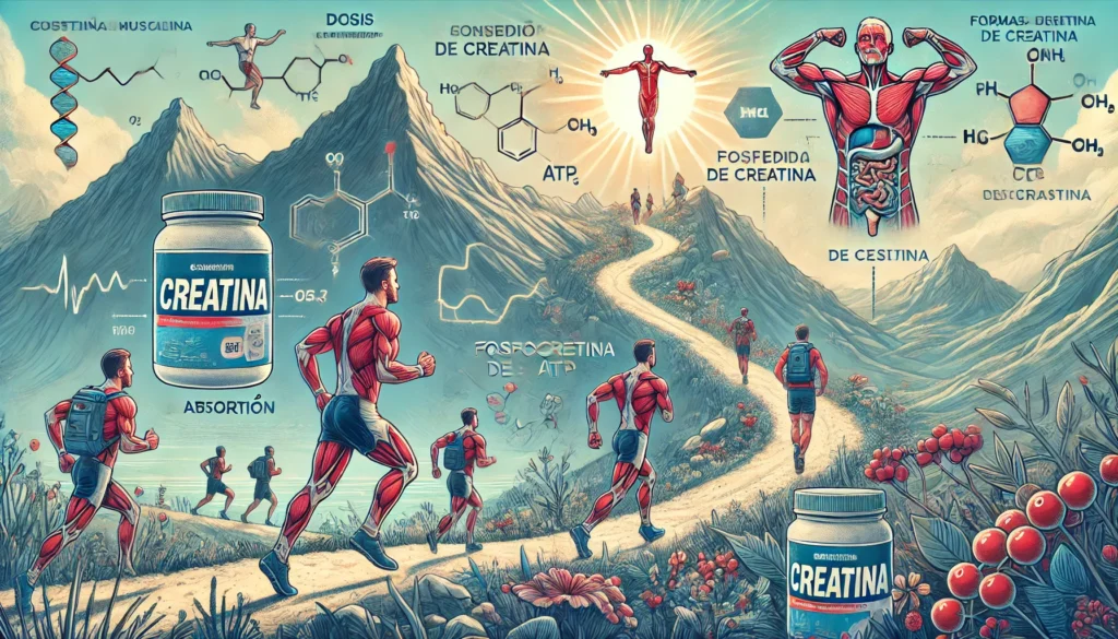 Ilustración sobre la absorción de creatina en el cuerpo humano___ Un gráfico educativo mostrando cómo la creatina es absorbida por los músculos,